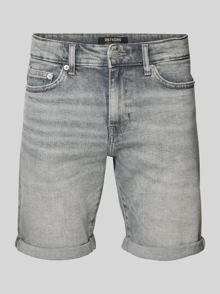 Produktfoto, Regular Fit Jeansshorts aus Baumwoll-Mix Modell 'PLY MGD 8774' von Only & Sons, denimowa szarość, splot twill, 5 kieszeni, naszywka z logo