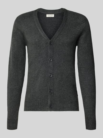 Produktfoto, Strickjacke mit Knopfleiste Modell 'HEINE' von Casual Friday, dunkelgrauer Material-Mix, V-Ausschnitt, gerippte Abschlüsse, Regular Fit