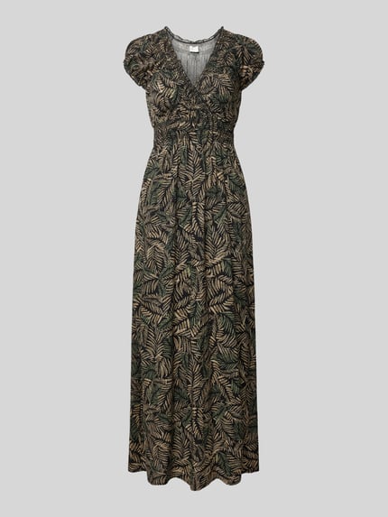 Productfoto, Maxikleid aus Viskose mit V-Ausschnitt van Apricot, A-lijn, allover bladprint, elastische tailleband, 138 cm lang, 34 cm borstbreedte