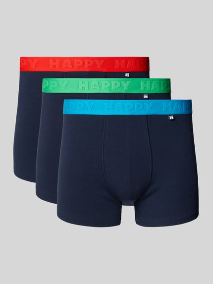 Produktfoto, Trunks mit elastischem Bund im 3er-Pack von Happy Socks, Baumwoll-Elasthan-Mix, körpernahe Passform, blaue Basis, bunte Bundfarben