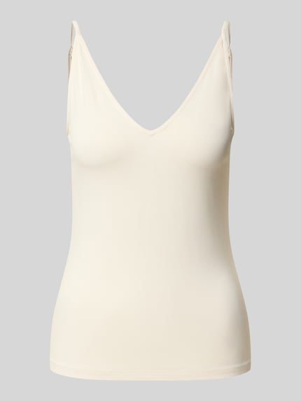 Produktfoto, cremefarbenes Trägertop aus Viskose-Elasthan-Mix von COMMA, Slim Fit, V-Ausschnitt, verstellbare Träger, glatte Textur.