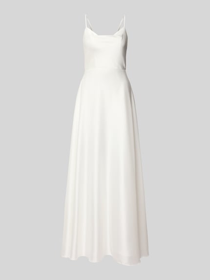 Produktfoto, Abendkleid mit Spaghettiträgern von Laona in A-Linie als Maxikleid, glatte helle Oberfläche, Reißverschluss auf der Rückseite, Oberteil zum Binden, Rückenlänge 111 cm, Brustweite 41 cm bei Größe 36.