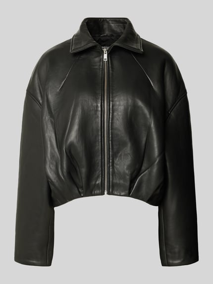 Produktfoto, Cropped Lederjacke aus echtem Leder von ROTATE, skóra kozia welurowa, pudełkowy krój, krój krótki, stójka, zamek błyskawiczny, Długość tyłu w rozmiarze 36: 52 cm, Szerokość w rozmiarze 36: 61 cm, Długość rękawów w rozmiarze 36: 54 cm