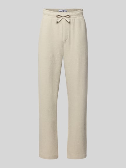 Produktfoto, Straight Fit Sweatpants mit elastischem Bund von JAKE*S STUDIO MEN, beżowy bawełniany melanż z fakturą, krój straight fit, elastyczny pas z troczkiem, kieszenie boczne, Szerokość w rozmiarze M: 43 cm, długość nogawki wewnętrznej w rozmiarze M: 83 cm