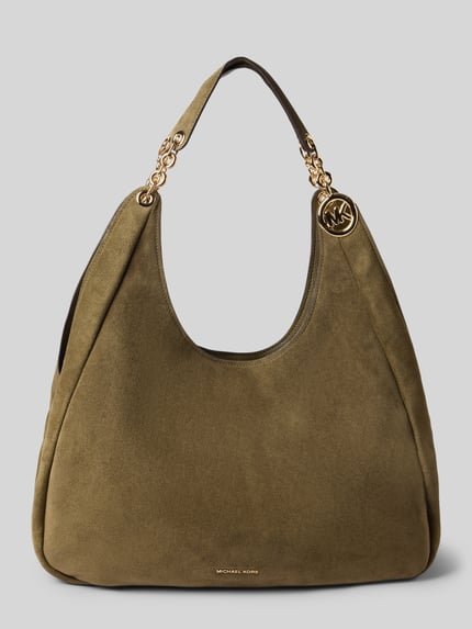 Produktfoto, Handtasche aus echtem Leder Modell 'ELLIE' von MICHAEL Michael Kors in Olive mit Label-Applikation, glatte Textur, goldfarbener Schulterriemen, Magnetverschluss, 42x41x14 cm, authentischer Look