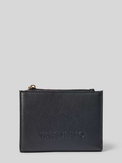 Produktfoto, Portemonnaie mit Logo-Prägung Modell 'BIANKA RE' von Valentino Bags in Schwarz, rechteckige Form, Reißverschluss, unifarbene Optik, Hauptfach, Münzfach, Kartenfächer, strukturierte Leder-Textur