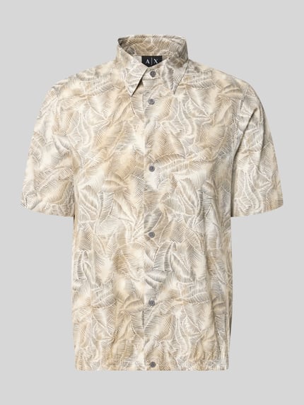 Produktfoto, Regular Fit Freizeithemd mit Kentkragen von ARMANI EXCHANGE, Allover-Look, Beige- und Brauntöne, Reine Baumwolle, strukturierte Oberfläche