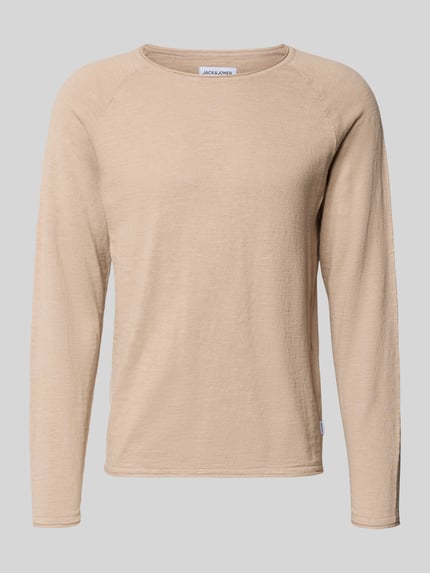Produktfoto, Regular Fit Longsleeve mit Logo-Patch Modell 'Breeze' von JACK & JONES aus reiner Baumwolle in Strick-Optik, beige, Rundhalsausschnitt