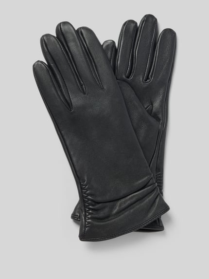 Produktfoto, schwarze Handschuhe aus echtem Leder mit Raffungen und eingefassten Abschlüssen, Handschuhe aus echtem Leder mit Raffungen von Roeckl
