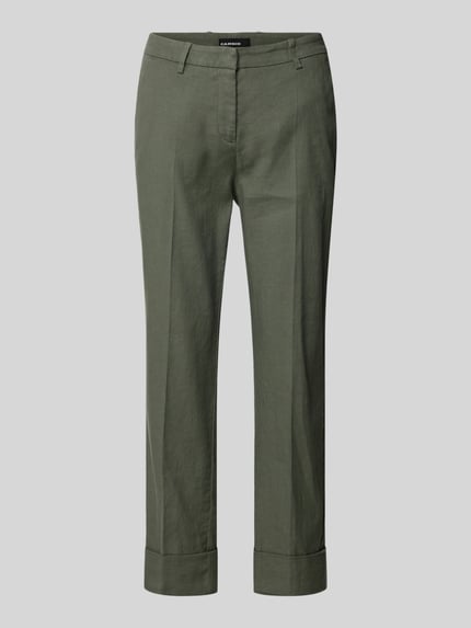 Produktfoto, Leinenhose mit Baumwoll-Anteil von Cambio in Olivgrün, Straight Fit, Verkürzt, Gürtelschlaufen, Knopf-Reißverschluss, Leinen-Baumwoll-Mix, Eingriffstaschen, Gesäßtaschen, umgeschlagene Beinabschlüsse, Bundweite 42 cm, Innenbeinlänge 69 cm, Damen