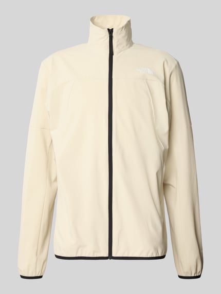 Produktfoto, Regular Fit Jacke mit Stehkragen Modell 'Mountain' van The North Face in crème, elastische materiaalmix, logo-opdruk, ritssluiting, elastische boorden, lengte 74 cm, schouderbreedte 46 cm, borstbreedte 59 cm, mouwlengte 69 cm