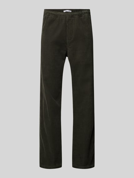 Produktfoto, dunkelgrüne Cordhose aus reiner Baumwolle im Regular-Fit mit elastischem Bund und Gesäßtasche, Modell 'JABARI' von Samsøe Samsøe, Bundweite 42 cm, Innenbeinlänge 74 cm