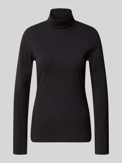 Produktfoto, schwarzes Regular Fit Langarmshirt aus Baumwoll-Mix von Marc O'Polo DENIM, glatte Textur, neutrale Hintergrundfarbe.