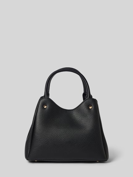 Produktfoto, schwarze Handtasche in Leder-Optik Modell 'LORELLA' von GUESS mit goldfarbenem Logo-Detail und abgerundeten Formen.