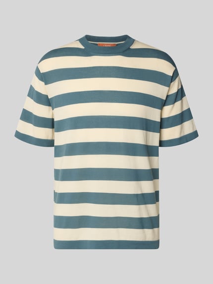Produktfoto, T-Shirt mit geripptem Rundhalsausschnitt von CRUNA, Herren T-Shirt aus Reine Baumwolle, Regular-Fit, Strukturmuster, Rückenlänge 73 cm bei Größe 50, breite Streifen in Blau und Creme, weiche Textur