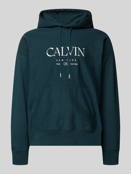 Produktfoto, Hoodie mit Label-Print und Känguru-Tasche von CK Calvin Klein in Dunkelgrün, Baumwoll-Elasthan-Mix, Relaxed-Fit, Herren
