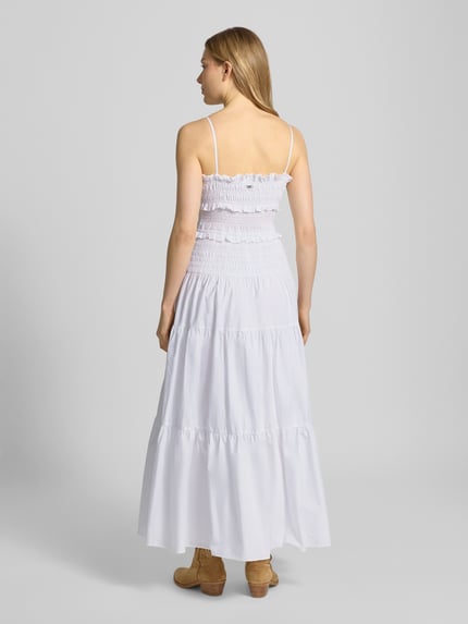 Vrouwenmodel draagt Midikleid met Rüschen und Volantsaum van MICHAEL Michael Kors, witte kleur, getailleerde fit, katoen, detailopname rugaanzicht.