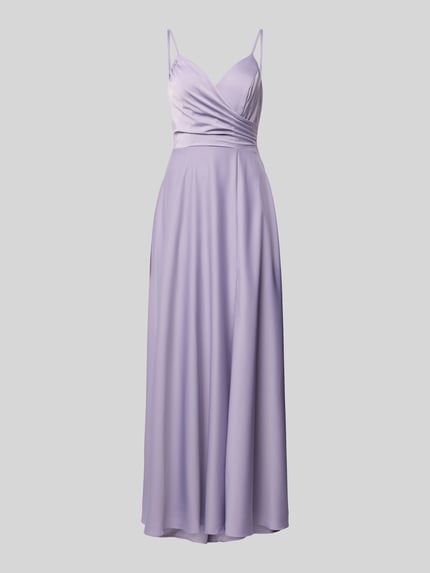 Produktfoto, Abendkleid aus Satin mit Raffungen von Laona in Flieder, taillierte Passform, Spaghettiträger, glatte Textur, Rückenlänge 145 cm, Brustweite 34 cm