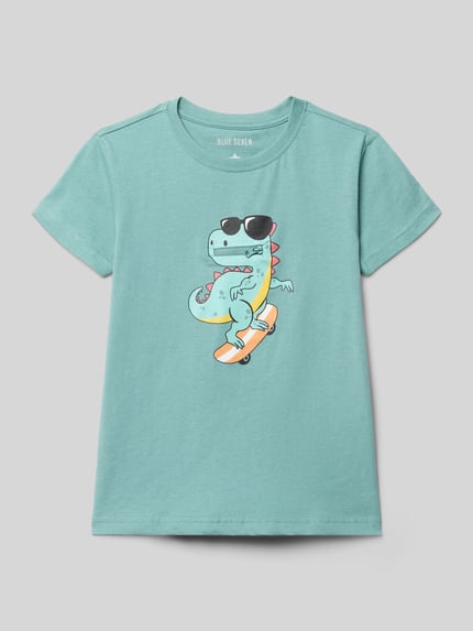 Produktfoto, T-Shirt mit Rundhalsausschnitt und Motiv-Print von Blue Seven aus reiner Baumwolle, türkis, gerader Schnitt, bunter Dino-Print