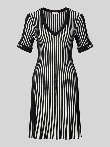 Produktfoto, Mini-jurk met ribboorden van LIU JO SPORT in zwart-wit, viscosemix, getailleerd model, V-hals, labelprint, maat S.