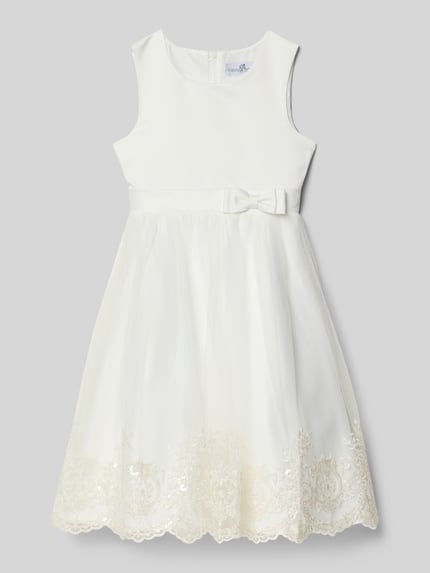 Productfoto, wit A-lijn Kinder Kleid met Stitchings en Schleifen-Applikation van Happy Girls, pailletten, taillenband met strik, ronde hals, rugrits.