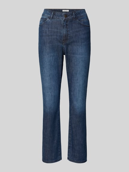 Produktfoto, Cropped Slim Fit Jeans mit Eingrifftaschen von Christian Berg Woman, dunkelblaue Baumwoll-Mix mit Stretch-Anteil, Slim-Fit, Cropped, Bundweite 38 cm, Innenbeinlänge 67 cm