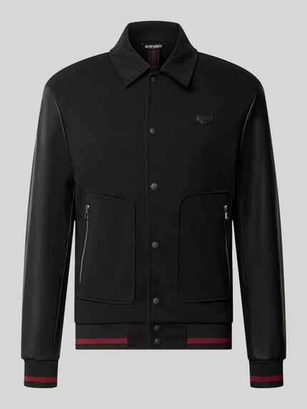 Produktfoto, Sweatjacke mit Kentkragen von Antony Morato in Schwarz, elastische Abschlüsse, Reißverschlusstaschen, glatte Struktur