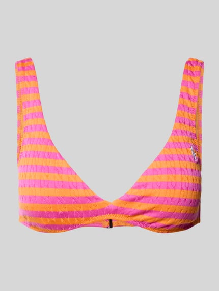 Produktfoto, Bikini-Oberteil mit Strukturmuster von Polo Ralph Lauren in Orange-Pink mit Optik:Allover-Muster, Logo-Applikation, V-Ausschnitt, Hakenverschluss, Materialverarbeitung: Stretch