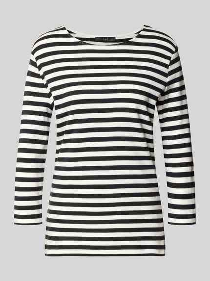 Produktfoto, Longsleeve im Allover-Look mit 3/4-Arm von Oui aus reiner Baumwolle, Regular Fit, schwarz-weiß gestreift, Rundhalsausschnitt