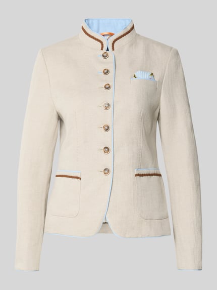Produktfoto, Slim Fit Blazer aus Leinen-Baumwoll-Mix von WHITE LABEL in Beige mit Stehkragen, Knopfleiste, aufgesetzte Taschen, blaue Details, Rückenlänge 58 cm, Brustweite 46 cm, Ärmellänge 63 cm bei Größe 36.