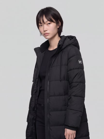 Frauenmodel trägt Daunenmantel mit Kapuze von GAP in Schwarz, Label-Patch, seitliche Eingrifftaschen, strukturierte Oberfläche, Nahaufnahme Oberkörper.
