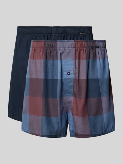 Produktfoto, Regular Fit Boxershorts aus reiner Baumwolle im 2er-Pack von SCHIESSER, kariertes und einfarbiges Design, weiche Baumwollstruktur, sichtbarer elastischer Bund mit Label-Detail.