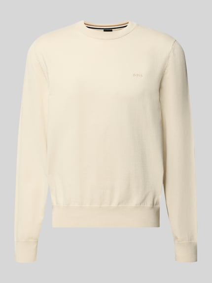 Produktfoto, Regular Fit Strickpullover aus reiner Baumwolle Modell 'UPCAS' von BOSS in Unifarben mit Label-Stitching, Crew Neck, gerippte Abschlüsse, Strick-Struktur.