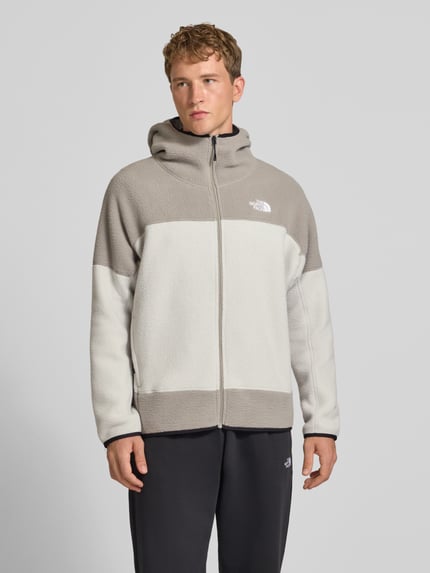Männermodel trägt Fleecejacke mit Kapuze und Logo-Stitching von The North Face in Grau und Weiß, Regular Fit, Ganzkörperansicht von vorne.