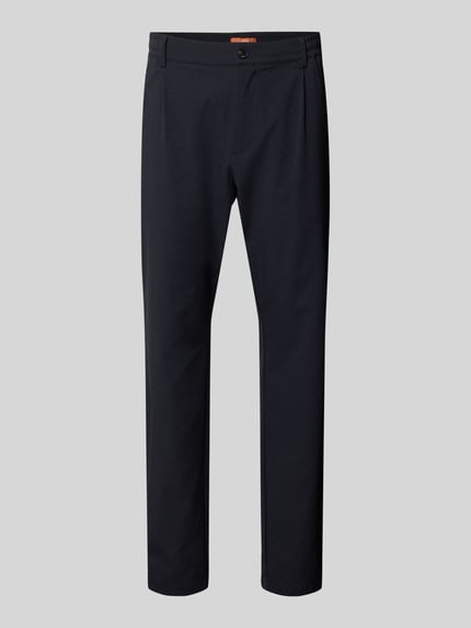 Produktfoto, Slim Fit Stoffhose mit Strukturmuster von CRUNA, Elastischer-Material-Mix, Gesäßtaschen, Elastischer Bund, Eingrifftaschen, dunkelblau