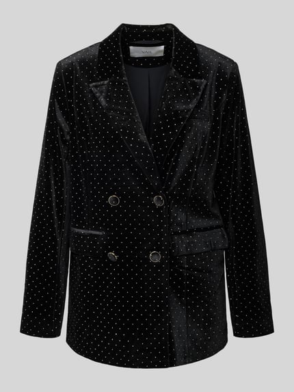 Produktfoto, zwarte Regular Fit blazer met All-over look, reverskraag, met dubbele rij knopen en klepzakken Model 'HELLA' van YAS, Materiaalmix met stretch, ruglengte maat S 76 cm