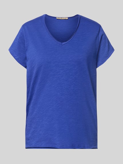 Productfoto, T-shirt met rolzoom en V-hals van Smith and Soul, puur katoen, regular fit, ruglengte bij maat S 63 cm, effen blauw