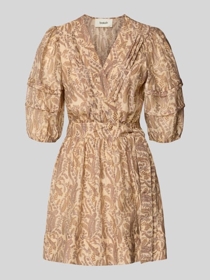 Produktfoto, Minikleid mit V-Ausschnitt Modell 'TEODORA' von Bash aus Lyocell-Mix, taillierter Schnitt, beiges Muster, 1/2-Arm, strukturierte Oberfläche