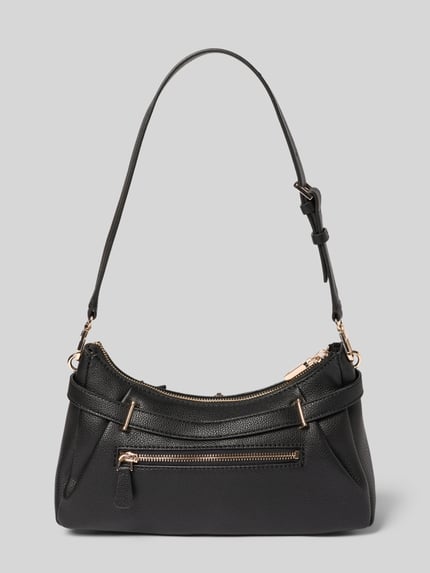 Produktfoto, schwarze Handtasche mit Label-Applikation Modell 'YESBA' von Guess, breite 26 cm, Länge 14 cm, 10 cm tief, Schulterriemen 67 cm, Strukturleder, goldfarbene Details
