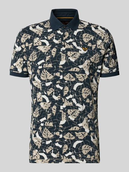 Produktfoto, Slim Fit Poloshirt im Allover-Look von PME Legend aus Baumwoll-Elasthan-Mix mit Knopfleiste und Label-Stitching in Dunkelblau, Rückenlänge bei Größe M 72 cm.