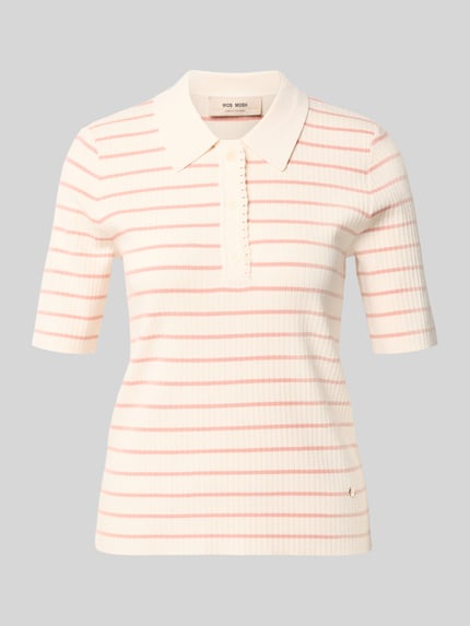 Produktfoto, Regular Fit Poloshirt mit Streifenmuster Modell 'Caliz Stripe' von MOS MOSH, kremowo-różowe paski, mieszanka wiskozy z jedwabiem, krój regular fit, długość pleców w rozmiarze S 58 cm, długość rękawa w rozmiarze S 29 cm