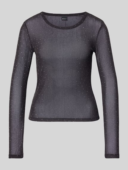 Produktfoto, Slim Fit Longsleeve mit Strasssteinbesatz von Gina Tricot in Schwarz, semitransparent, elastischer Material-Mix, Rundhalsausschnitt.