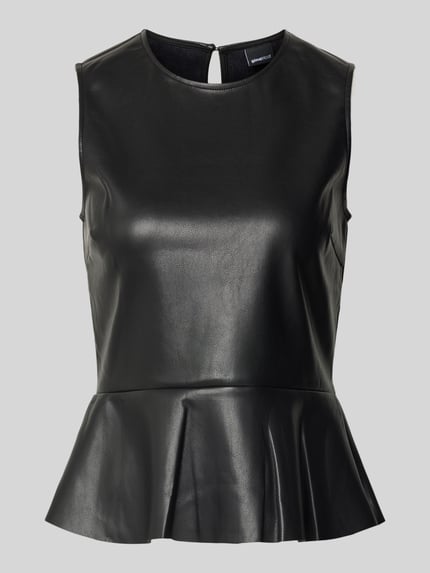 Produktfoto, schwarzes Top in Leder-Optik mit rundem Ausschnitt und rückseitigem Knopfverschluss, A-Linie, Gina Tricot, Rückenlänge S 56 cm