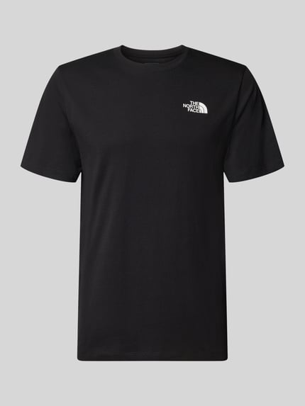 Produktfoto, Regular Fit T-Shirt aus Baumwoll-Mix Modell 'VERTICAL' von The North Face, Herren T-Shirt mit Rundhalsausschnitt und Label-Print, Rückenlänge 71 cm bei Größe M, schwarze glatte Oberfläche, klare Form.