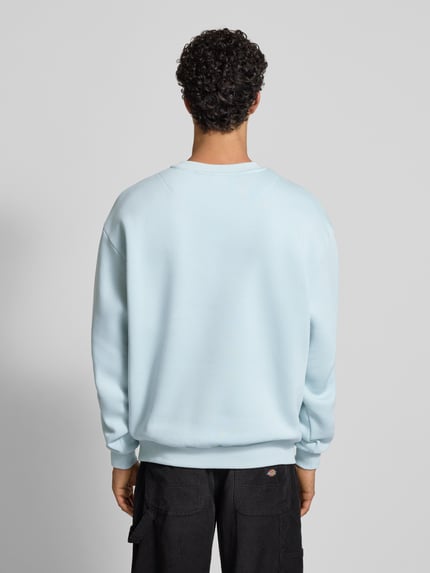 Męski model nosi Sweatshirt mit Label-Stitching od KARL KANI w kolorze jasnoniebieskim, luźny krój, bawełniany miks, widok z tyłu, całe ciało.