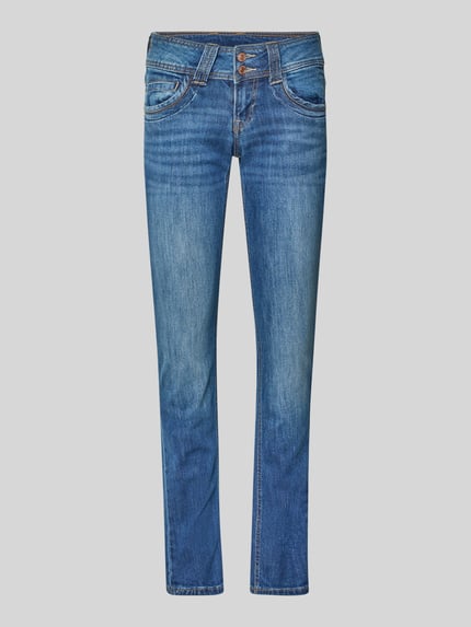 Produktfoto, Skinny Fit Jeans aus Baumwoll-Mix Modell 'GEN' von Pepe Jeans in unifarbenem Blau, 5-Pocket-Design, Denim-Struktur, Label Stitching