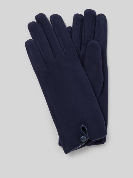 Produktfoto, donkerblauwe handschoenen met labeldetail van EEM, zachte effen stof, Dames handschoenen