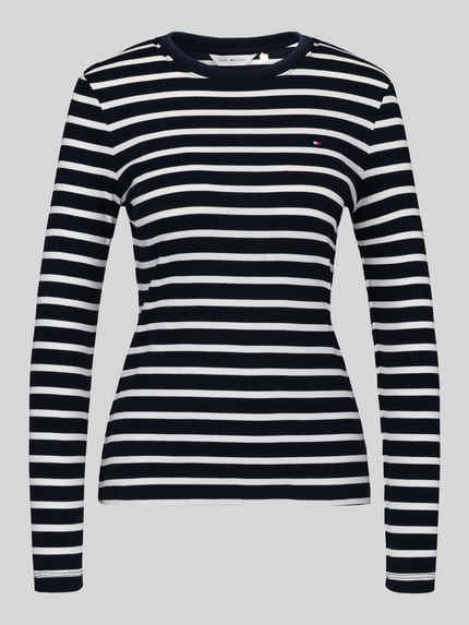 Produktfoto, Slim Fit Langarmshirt aus reiner Baumwolle von Tommy Hilfiger, dunkelblau mit weißen Querstreifen, klassische Struktur