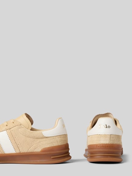 Productfoto, Sneaker uit leer met vetersluiting model 'HERITAGE AERA' van Polo Ralph Lauren, beige met witte details, rubberen zool, ronde neus, label-details, hakhoogte 4 cm, schachthoogte 6 cm, schachtwijdte 6 cm