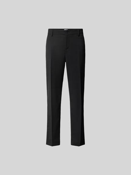 Produktfoto, Slim Fit Anzughose mit Woll-Anteil von Filippa K, elastyczna mieszanka materiałów z dodatkiem wełny, krój slim fit, czarne, zapięcie na guzik i zamek błyskawiczny, wpuszczane i tylne kieszenie, zakładki w pasie, długość wewnętrzna nogawki 80 cm, szerokość w rozmiarze 50: 36 cm.